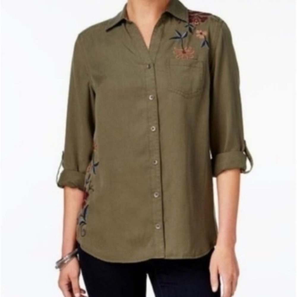 Style & Co Floral Embroidered Utility Button Down
